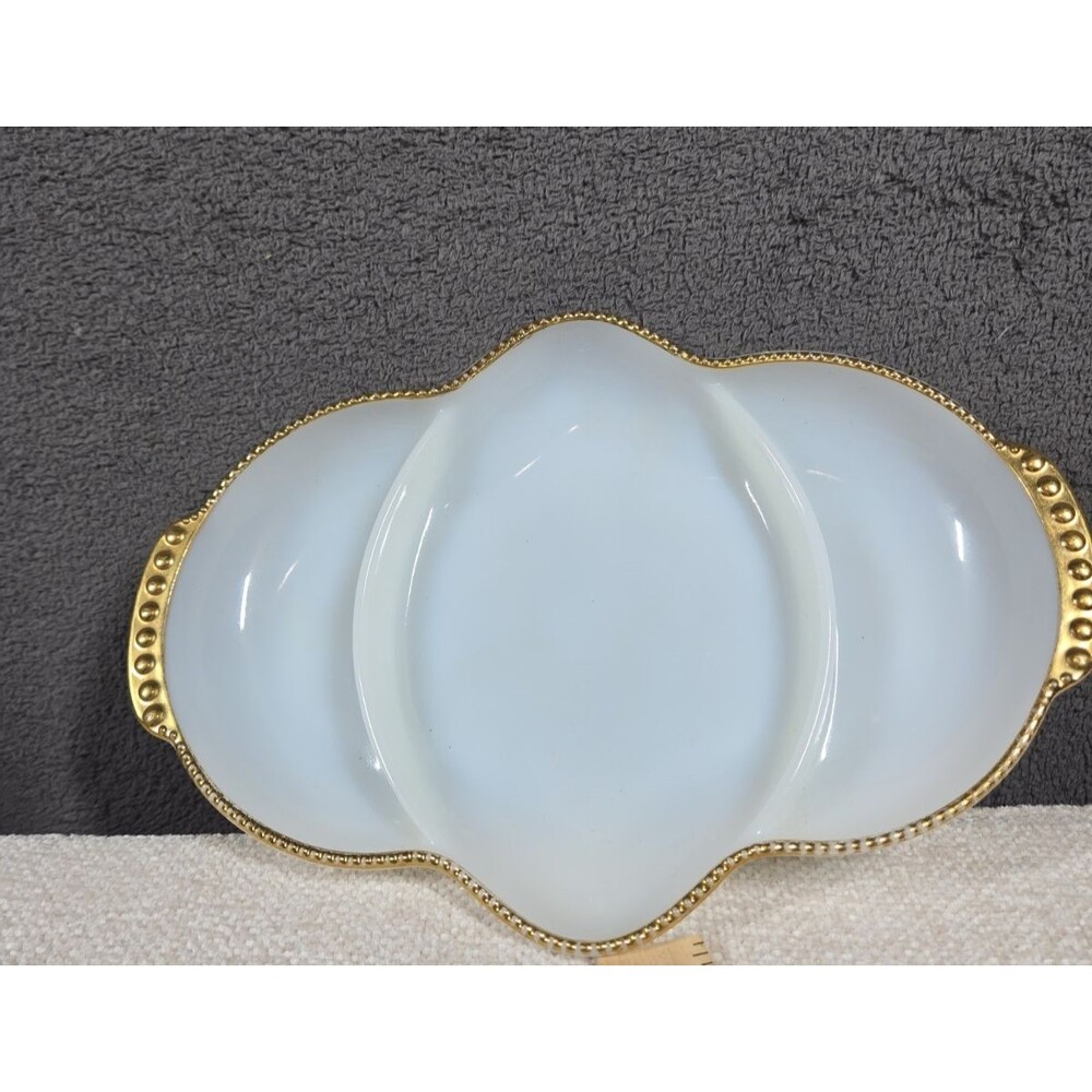 Fire King Ovenware Milk Glass Divided Relish Tray Nut Dish with Gold Trim